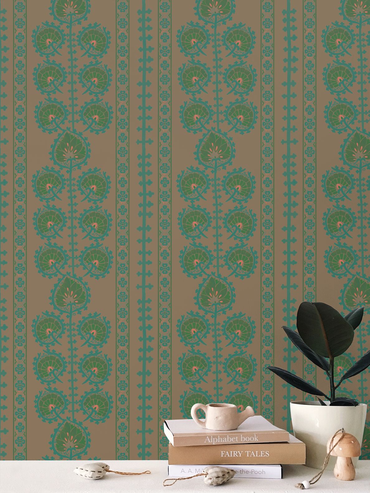 Moroccan Floral Wallpaper, Vintage Green