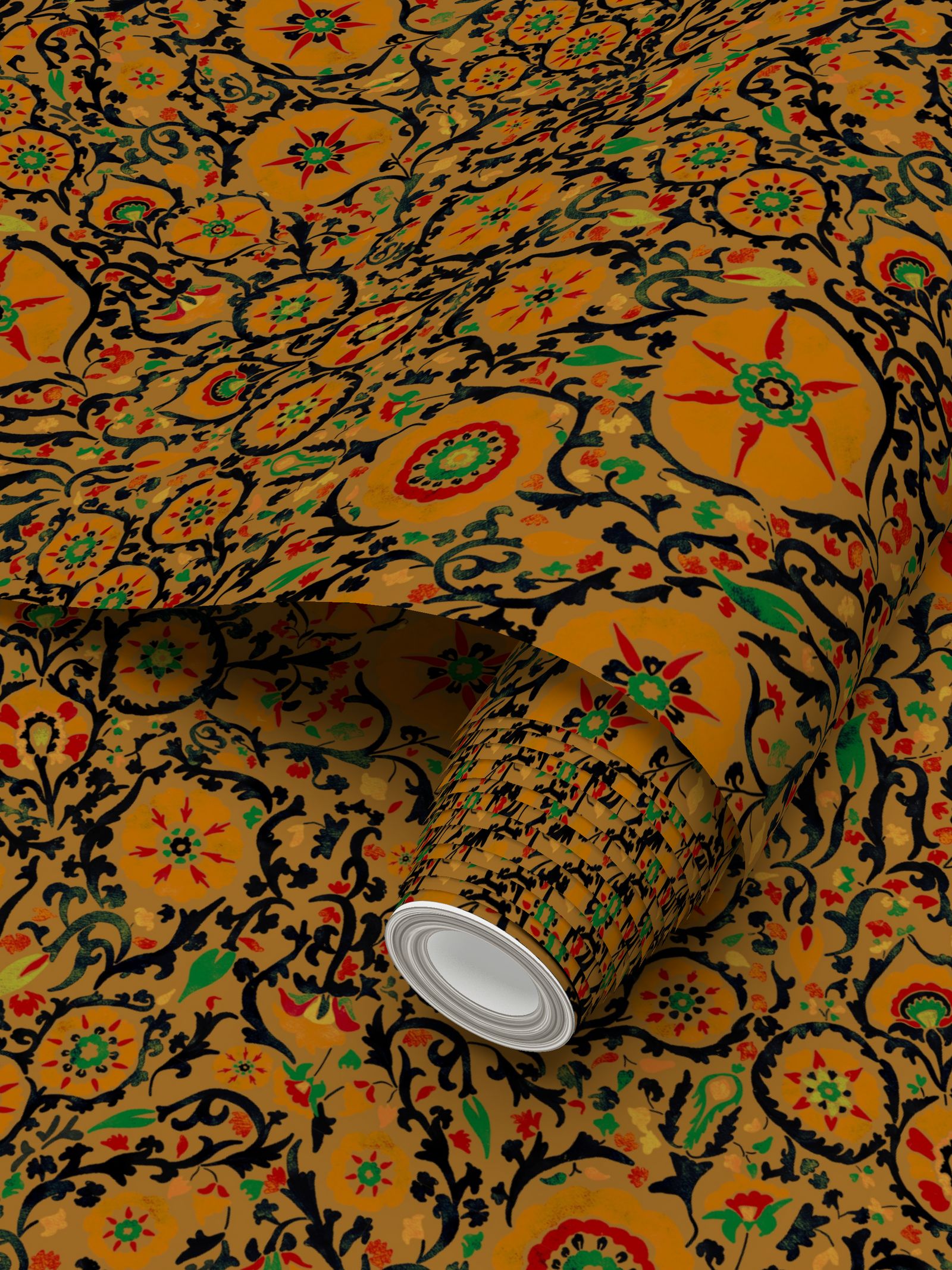 Suzani Floral Wallpaper, Mustard Yellow