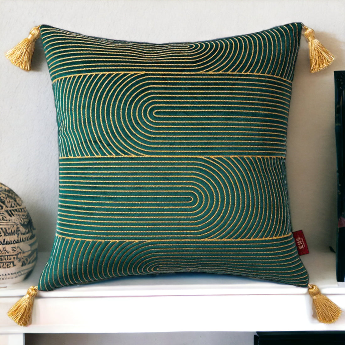 Abstract Line Pillow Cover, Velvet with Tassels