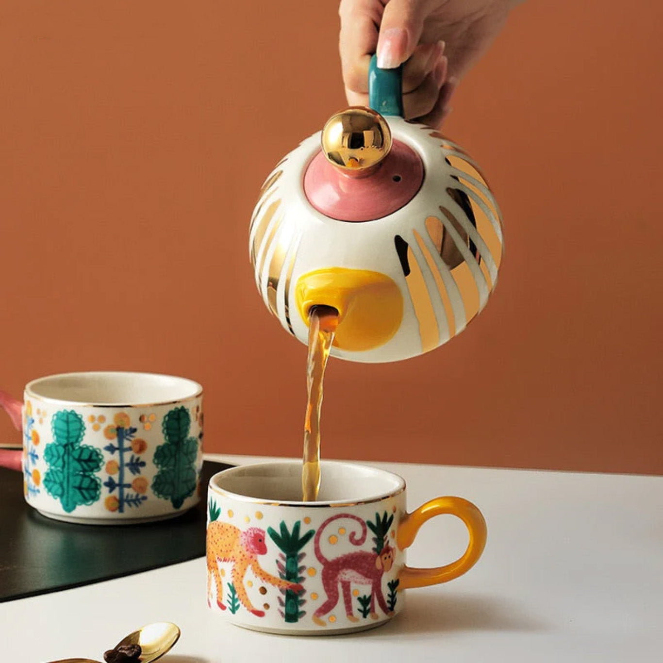 Exotica Tea for Two, Hand-Painted Tea Pot & Mugs Sets