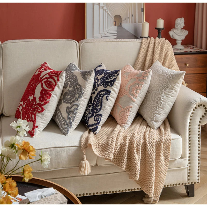 Embroidered Floral Linen Throw Pillow