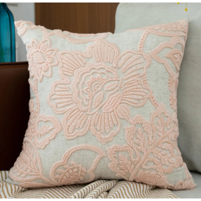 Embroidered Floral Linen Throw Pillow