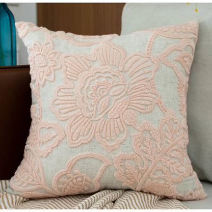 Embroidered Floral Linen Throw Pillow
