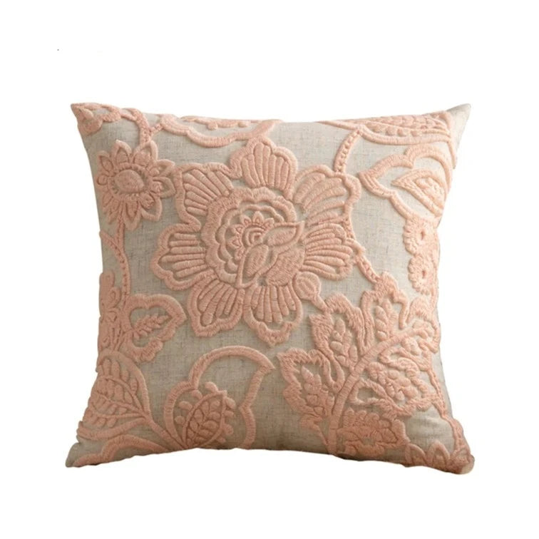 Embroidered Floral Linen Throw Pillow