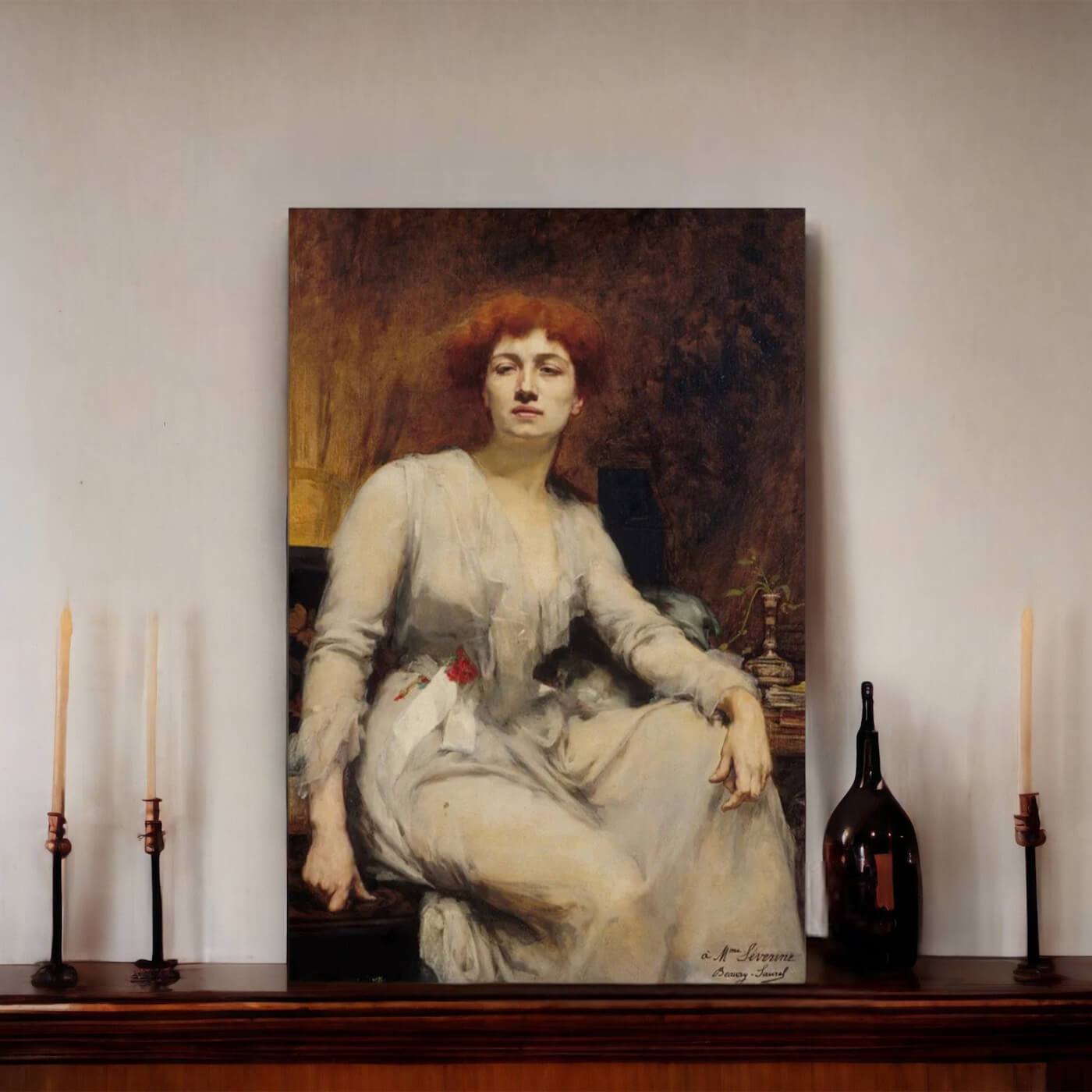 museum quality art prints, vintage portrait of redheaded woman on mantle living room decor