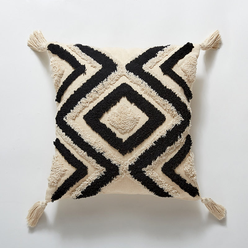 Handmade Cotton Throw Pillow Covers Sage Tassels + Black